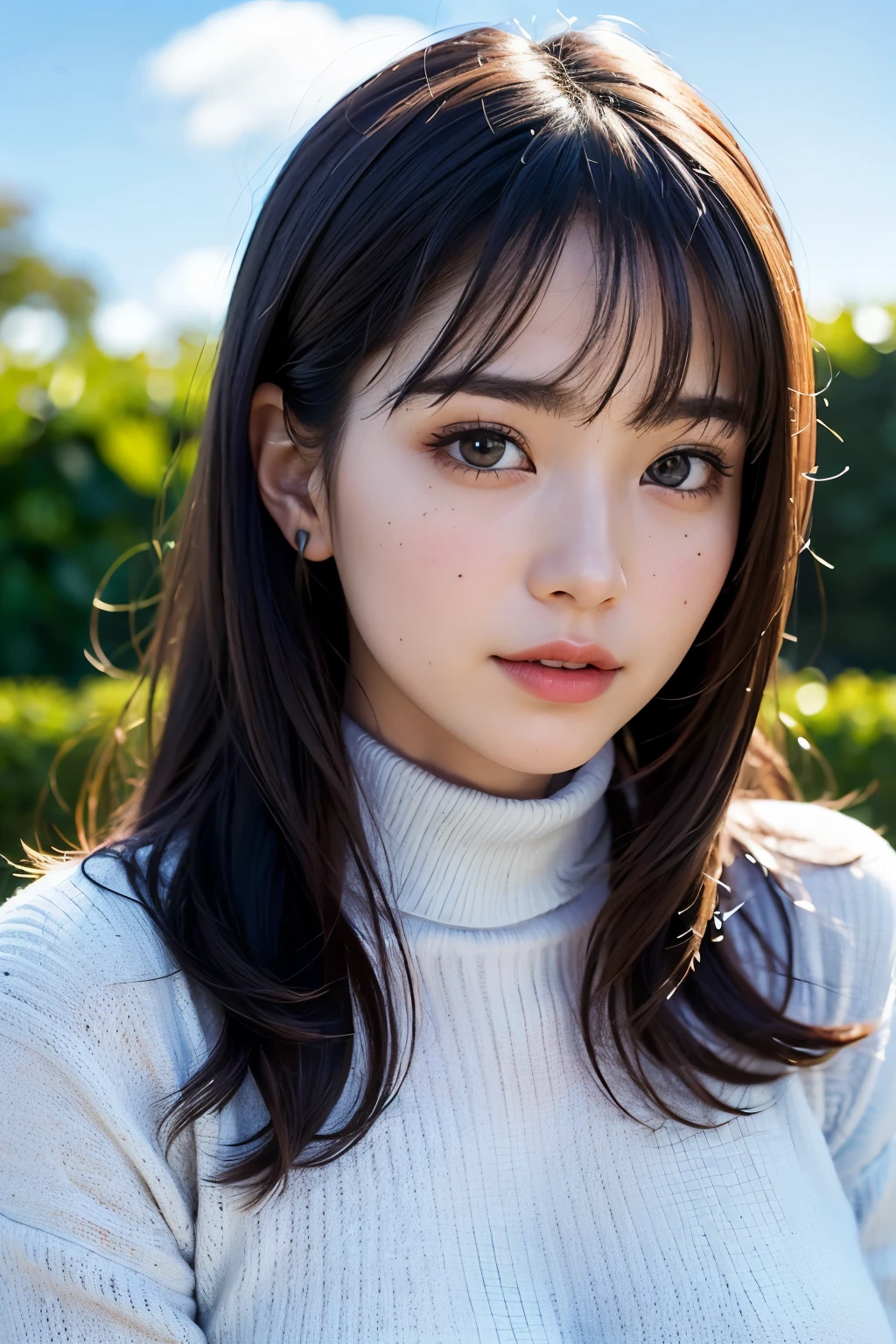 (Highest quality, 8k, 32K, masterpiece, Ultra-high resolution:1.2),
((Face close-up:1.4))、Portraiture、
Cute Japanese Girl, (Huge breasts), Long black hair, bangs, Fuller lips、
(White turtleneck sweater), Tight waist, (Outdoor, garden, blue sky),