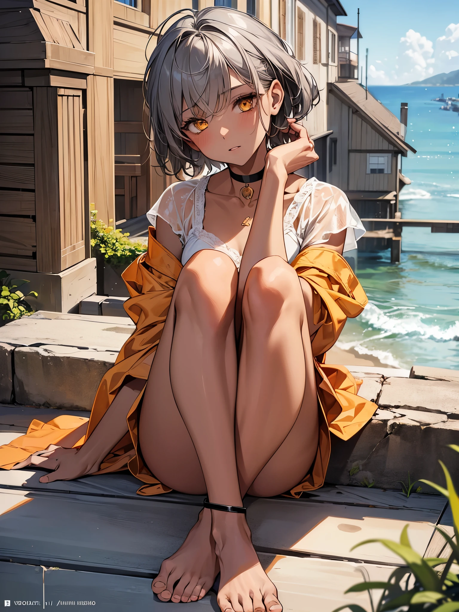 masterpiece, Highest quality, Perfect Face, Highest Resolution, Highest quality,Detailed depiction of the eyes, 1 girl, young, dark tan skin, slate gray hair, short hair, upturned eyes, Yellow Orange eyes, Perfect Anatomy, ribbon choker, barefoot, Seaside house, 8k