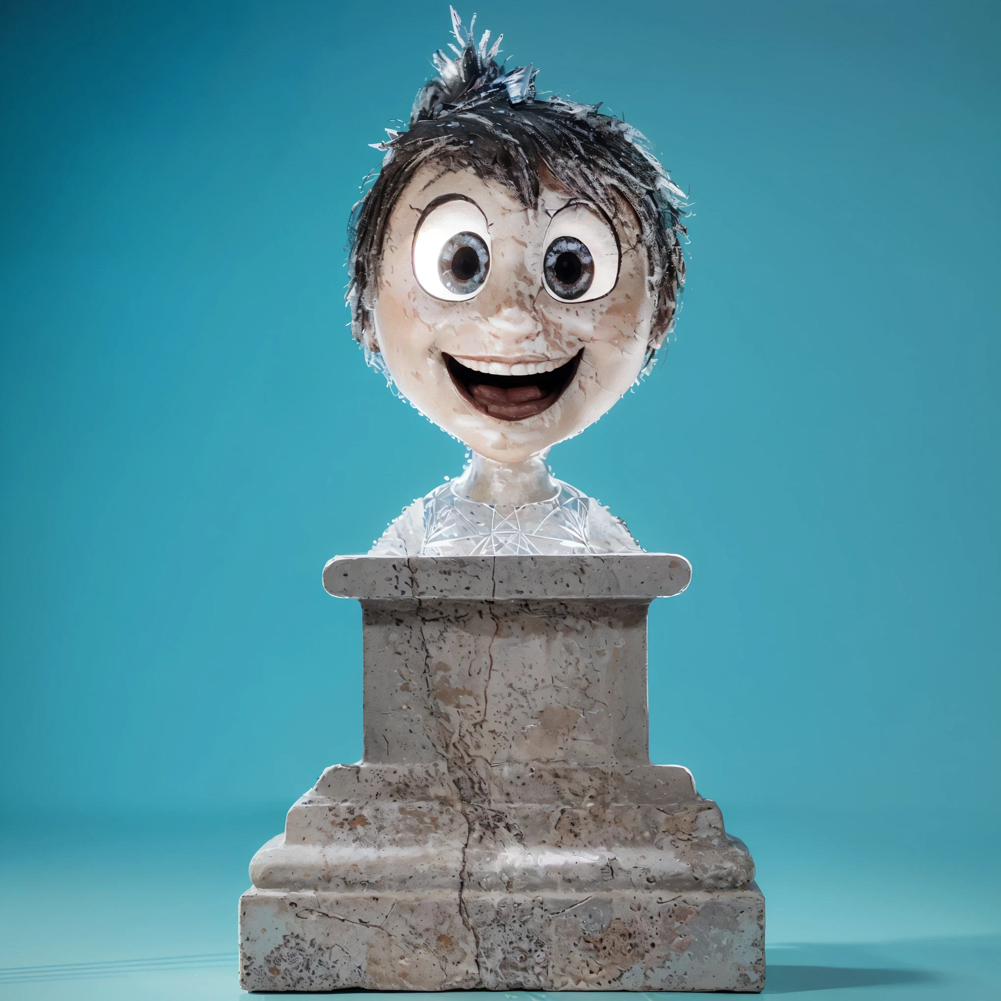 This is a monument depicting Joy from the animated movie "Inside Out." The statue, set on a classical pedestal, captures Joy's energetic and cheerful essence, showcasing her big, bright eyes and wide, joyful smile. Her hair, lively and untamed, adds to the character's dynamic and optimistic personality. The bright turquoise backdrop accentuates the statue, emphasizing its playful and spirited nature. vibrant contrast to his attire and accessories.аffects render, (glossy plastic texture with multiple big light probe refractions), perfect cgi, smooth silhouette, high intensity refraction, (super glossy plastic material), most beautiful vfx, , realistic, 4k, high resolution, rim light, smooth 3d model, multiple light sources, rim light, sharp post effects render,, realistic, 4k, high resolution, rim light detailed digital art, reflective, best quality, 4k, masterpiece:1.2, ultra-detailed, realistic, vivid colors, The image of the highest quality, ensuring every detail showcased perfectly. It in 4k resolution, allowing viewers to immerse themselves in the richness of the colors and intricate details. The realistic rendering. under the spotlight, reflecting, high-resolution image, realistic rendering