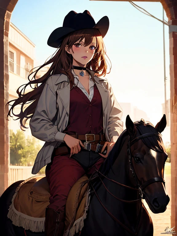 Pistol, Western Cowboy, western drama, Ten-gallon hat, horse riding, Western Cowboy, Misaka Mikoto, 1girl, black choker, uhd, retina, masterpiece, ccurate, anatomically correct, textured skin, super detail, high details, high quality, best quality, highres, 4K