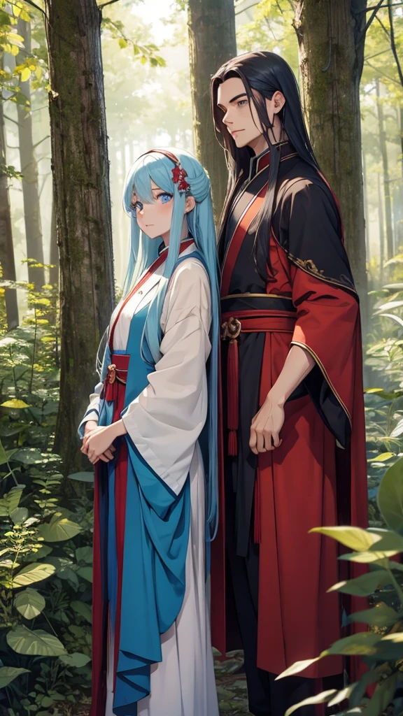 2 young men, without a beard, long blue hair, long red hair, blue eyes, Red eyes, White skin, Blue clothes, red clothes, China, Hanfu, In the woods
