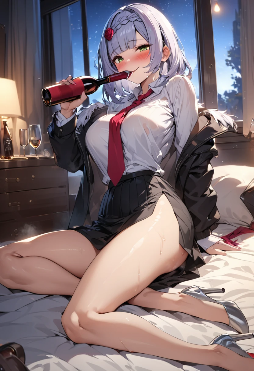 perfect lighting,HDR, ultra resolution , very detailed, masterpiece, ultra quality, 4K HD,noelle silva, bedroom at night,silver heels,white shirt, black jacket,black skirt,red tie, smile , looking at window and drinking wine,close to large window,luxury bedroom,one leg up,drunk,blush,sitting on bed close to window,drinking wine from bottle , bottle in mouth, sweats,sweating,hot