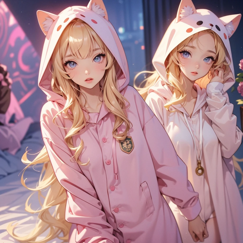 adult woman, Age 22; long hair, pretty and pink, curly hair; light yellow eyes, angelic and beautiful face with flushed cheeks, rosto ultra detaild; (( wearing cute hooded kigurumi pajamas )); best qualityer, ultra detaild, best resolution, 4K, soft strokes, role model, work of art, closes; dimly lit room in the background, focus on the character, blurry background