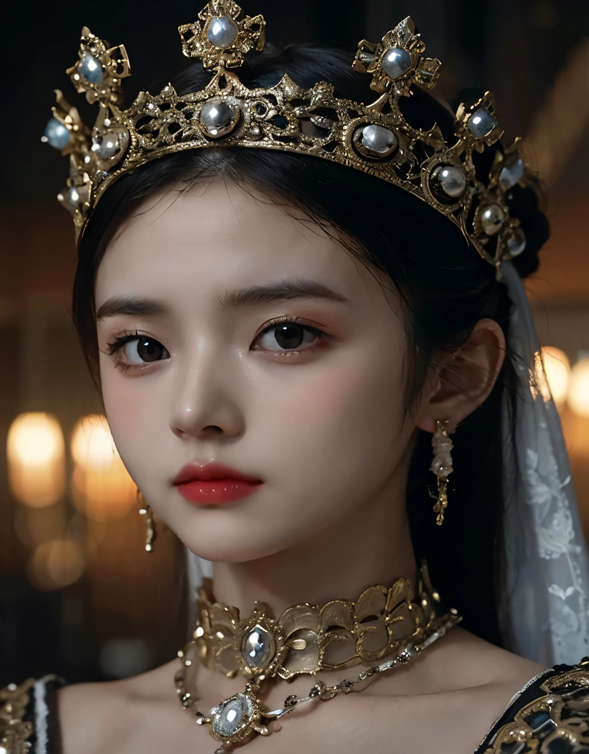XXMix_girl,Crown of big and small skulls (intricate details), (very detailed), 8k hdr, high detail, many fine details, high quality, Soft Film Lighting, dramatic atmosphere, atmospheric perspective