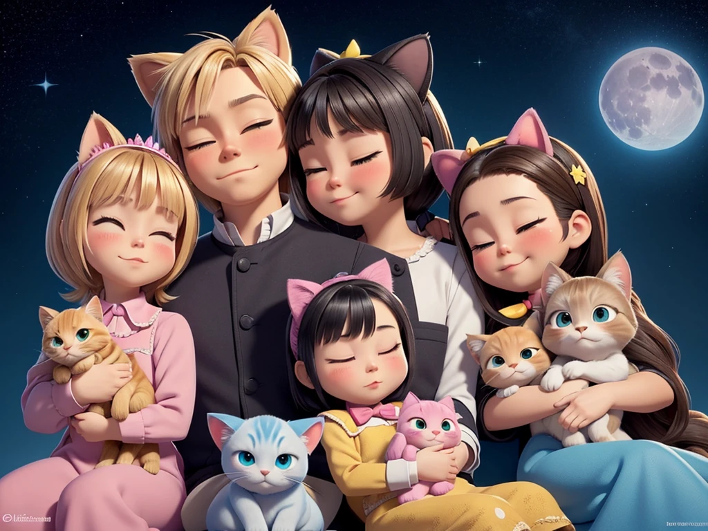 must be inspired by Disney Pixar Animation Studios cartoons, the characters that sleep with the 5-year-old blond boy and a 5-year-old girl with black hair, she has black hair on her shoulders and there are 3 kittens, the first one is blue, the second yellow and the third is a pink cat who wears a flower tiara on her head, in addition to the cats we have a lhaza apso puppy who is white with caramel spots on her eyes, paws and tail, and they all sleep on a cloud rocked by a character that stands in the background as if he were a conductor but in a childlike figure representing Amadeus Mozart, the sky is starry and the moon is full, I want all these elements to look like a poster made for the cinema. everyone sleeps with their eyes closed. and the image looks like a movie poster for a Disney pixar movie All inspired by Pixar