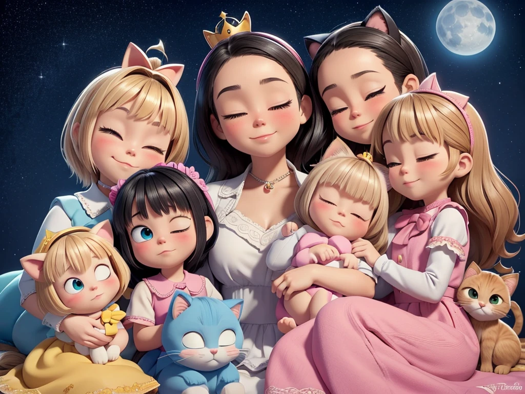 must be inspired by Disney Pixar Animation Studios cartoons, the characters that sleep with the 5-year-old blond boy and a 5-year-old girl with black hair, she has black hair on her shoulders and there are 3 kittens, the first one is blue, the second yellow and the third is a pink cat who wears a flower tiara on her head, in addition to the cats we have a lhaza apso puppy who is white with caramel spots on her eyes, paws and tail, and they all sleep on a cloud rocked by a character that stands in the background as if he were a conductor but in a childlike figure representing Amadeus Mozart, the sky is starry and the moon is full, I want all these elements to look like a poster made for the cinema. everyone sleeps with their eyes closed. and the image looks like a movie poster for a Disney pixar movie All inspired by Pixar