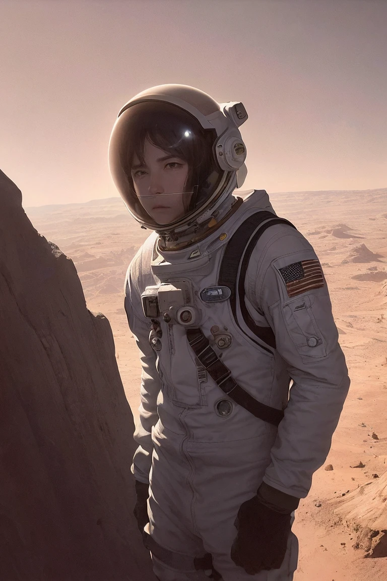cinematic film, Realistic photograph, An astronaut stands at the edge of a daunting canyon on Mars, gazing into the vast chasm that stretches before him under the starlit sky. The night is illuminated by the distant stars and the faint light of the planet, casting long shadows across the Martian landscape. The steep and rugged walls of the canyon seem insurmountable, and the astronaut, clad in his spacesuit, screams into the void, a mix of awe and exasperation evident in his expression. The Martian terrain, scattered with rocks and shadows, adds to the atmosphere of mystery and the challenges of space exploration. ,shallow depth of field, vignette, highly detailed, high budget, bokeh, cinemascope, moody, epic, gorgeous, film grain, grainy,