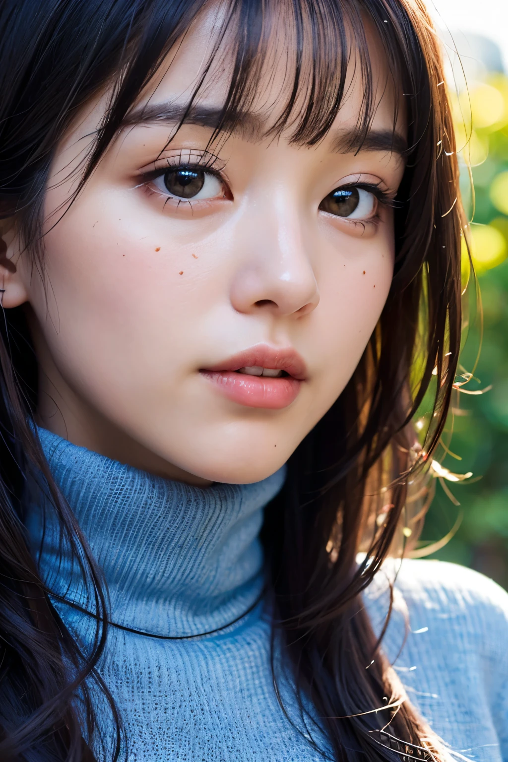 (Highest quality, 8k, 32K, masterpiece, Ultra-high resolution:1.2), 

((Face close-up:1.5))、Portraiture、
Cute Japanese Girl, (Huge breasts), Long black hair, bangs, Bulging lips、

(White turtleneck sweater), Tight waist, (Outdoor, garden, blue sky),