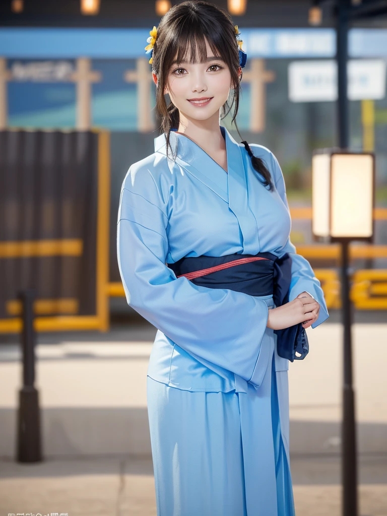 (Highest quality、8k、32K、masterpiece)、(Realistic)、(Realistic:1.2)、(High resolution)、Very detailed、Very beautiful face and eyes、(((Women's solo shots)))、Frame In、Tight waist、(Highest quality、Attention to detail、Rich skin detail)、(Highest quality、8k、Oil paints:1.2)、(Realistic、Realistic:1.37)、Bright colors、(((Cowboy Shot)))、(((Medium Hair)))、(((smile)))、(((Black Hair)))、(((Light blue yukata)))、(((白とLight blue yukata)))、(((Summer festival)))、(((Daytime festival)))、(((fair、Stall)))、((wave hands))