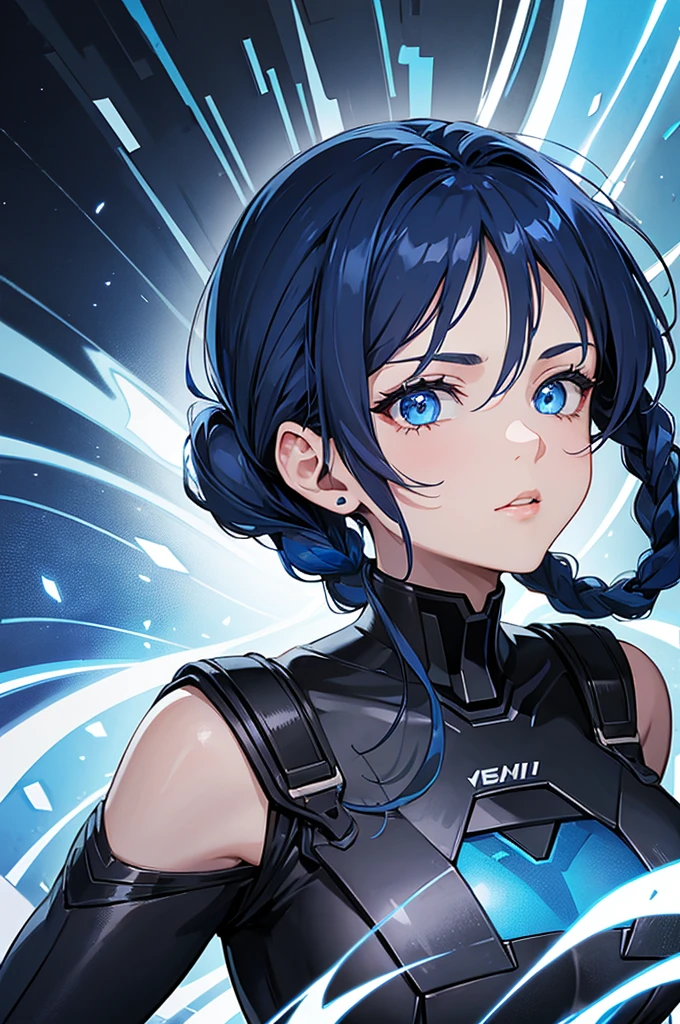 Dark Blue-haired cyborg girl. hair is braided in a ponytail. the right eye glows bright blue. the other eye is dark blue. half metal body. open clothes.