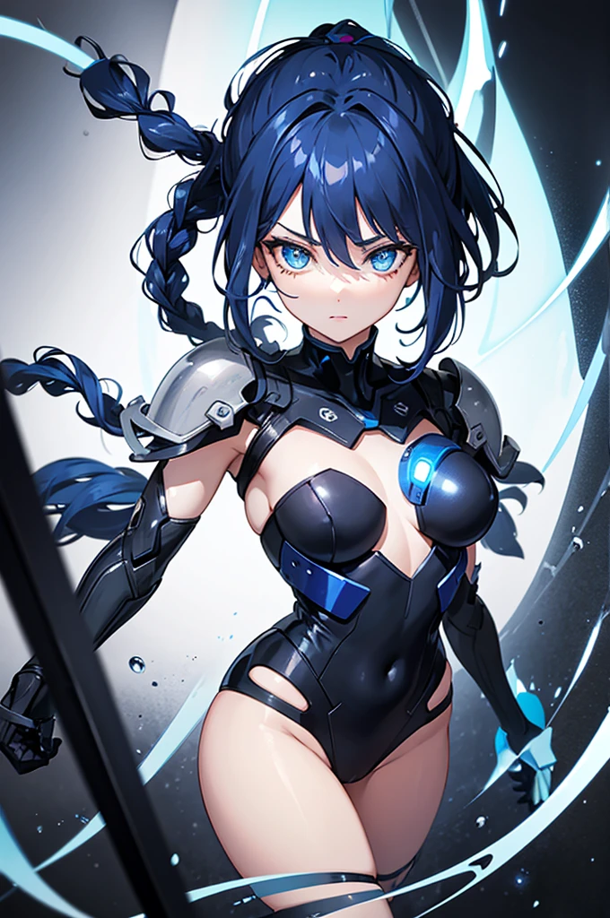 Dark Blue-haired cyborg girl. hair is braided in a ponytail. the right eye glows bright blue. the other eye is dark blue. half metal body. open clothes.