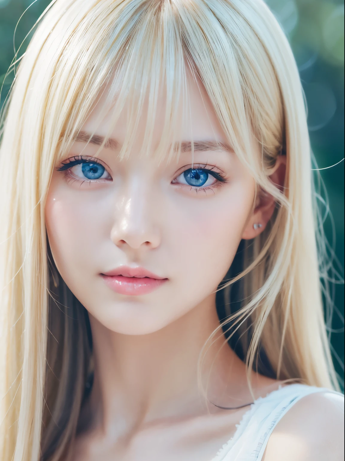 Transparent white glossy skin、Face gloss、Blonde with strong wind in front of pretty face、20 years old ridiculously cute sexy beautiful norwegian girl、Small Face Beauty、Shiny pale light blue eyes and details (Looking into the camera), SLR lighting, Single-lens reflex camera, super high quality, Sharpness, Depth of written boundary, Film Grain (center), Fujifilm XT3, Crystal Clear, Frame center, 完璧にBeautiful Face、Beautiful Face、Beautiful hair with sparkling bright straight blonde hair、Silk bangs between the eyes、Bangs hide the eyes, Sparkling pale blue eyes, Sexy super long blonde cute young woman with super long blonde shiny light hair