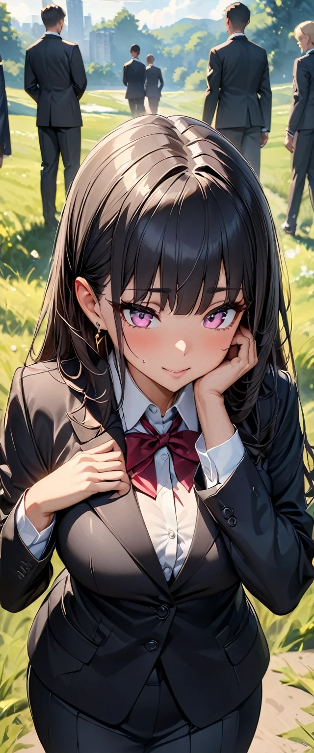 (Perfect Anatomy)、Mastepiece、Ultra High Quality、 8k、masterpiece、Highest quality、Ultra-high resolution、Maximum resolution、Very detailed、Professional Lighting、anime、Adult female、thin、so beautiful、Highly detailed eye、Highly detailed face、Golden earrings、Black Hair,、Pink eyes, secretary, suits、grassland、Braiding、Straight bangs, full body, standing, hands on own face
