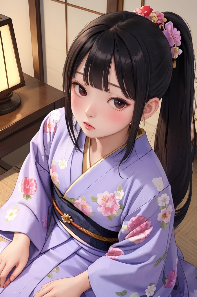 (masterpiece, best quality), 1girl, solo, black hair, long hair, straight hair, blunt ends, high ponytail, blunt bangs, black eyes, medium breasts, toned, tatami, shouji, cushion, japanese clothes, blue layered kimono, purple obi, floral print, seiza, looking at viewer, parted lips, full-face blush, embarrassed, sexually suggestive, portrait, lantern, desk, flower, hair ornament, vase