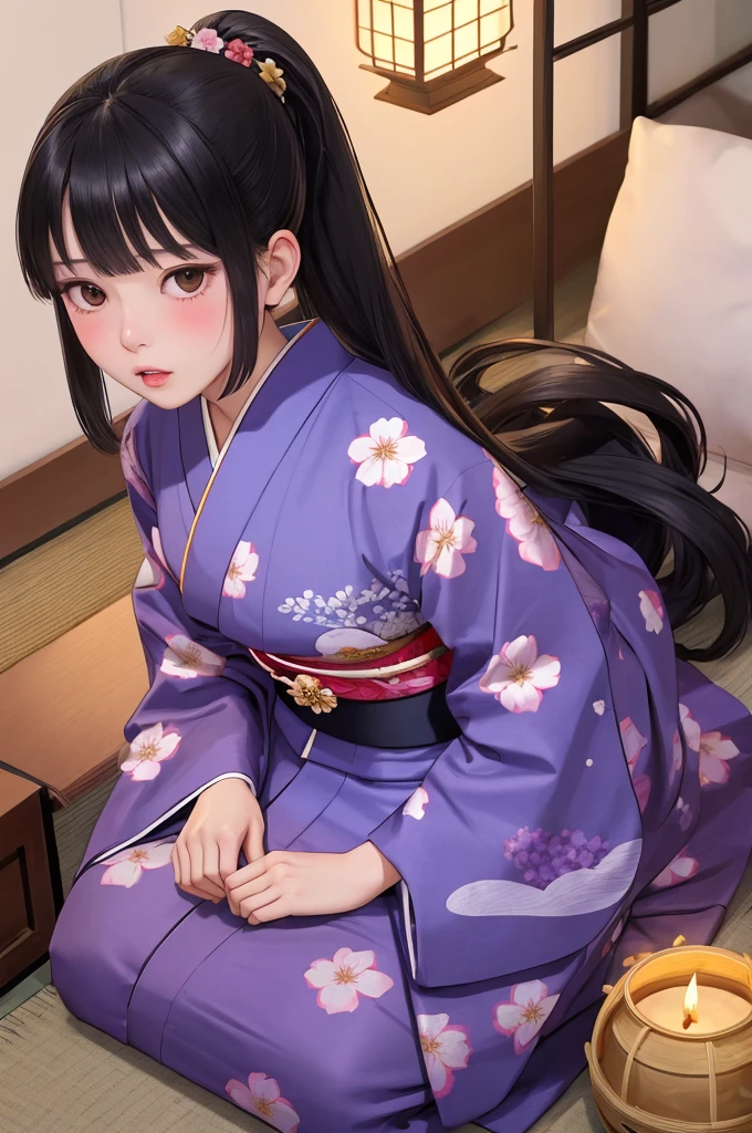 (masterpiece, best quality), 1girl, solo, black hair, long hair, straight hair, blunt ends, high ponytail, blunt bangs, black eyes, medium breasts, toned, tatami, shouji, cushion, japanese clothes, blue layered kimono, purple obi, floral print, seiza, looking at viewer, parted lips, full-face blush, embarrassed, sexually suggestive, portrait, lantern, desk, flower, hair ornament, vase