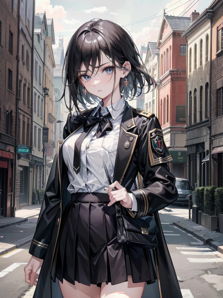 (absurdres, RAW photo, extremely delicate and beautiful, masterpiece, Best Quality, ultra high resolution, 32k, hyperrealistic, ultra-detailed:1.4), perfect ???????, anatomically correct, perfect figure, Perfect Style, Perfect balance, super Detailed skin, in her 30s, very Slim body, narrow waist, very small head, very small face, delicate facial features, handsome detailed woman, very detailed eyes and face, realistic face proportions, Realistic beautiful face, Realistic beautiful eyes, tearful mole, earring, big tits, whole body shot, medium hair, outdoor, military jacket, (school_uniform:1.2), skirt, dress shirt, destroyed buildings,