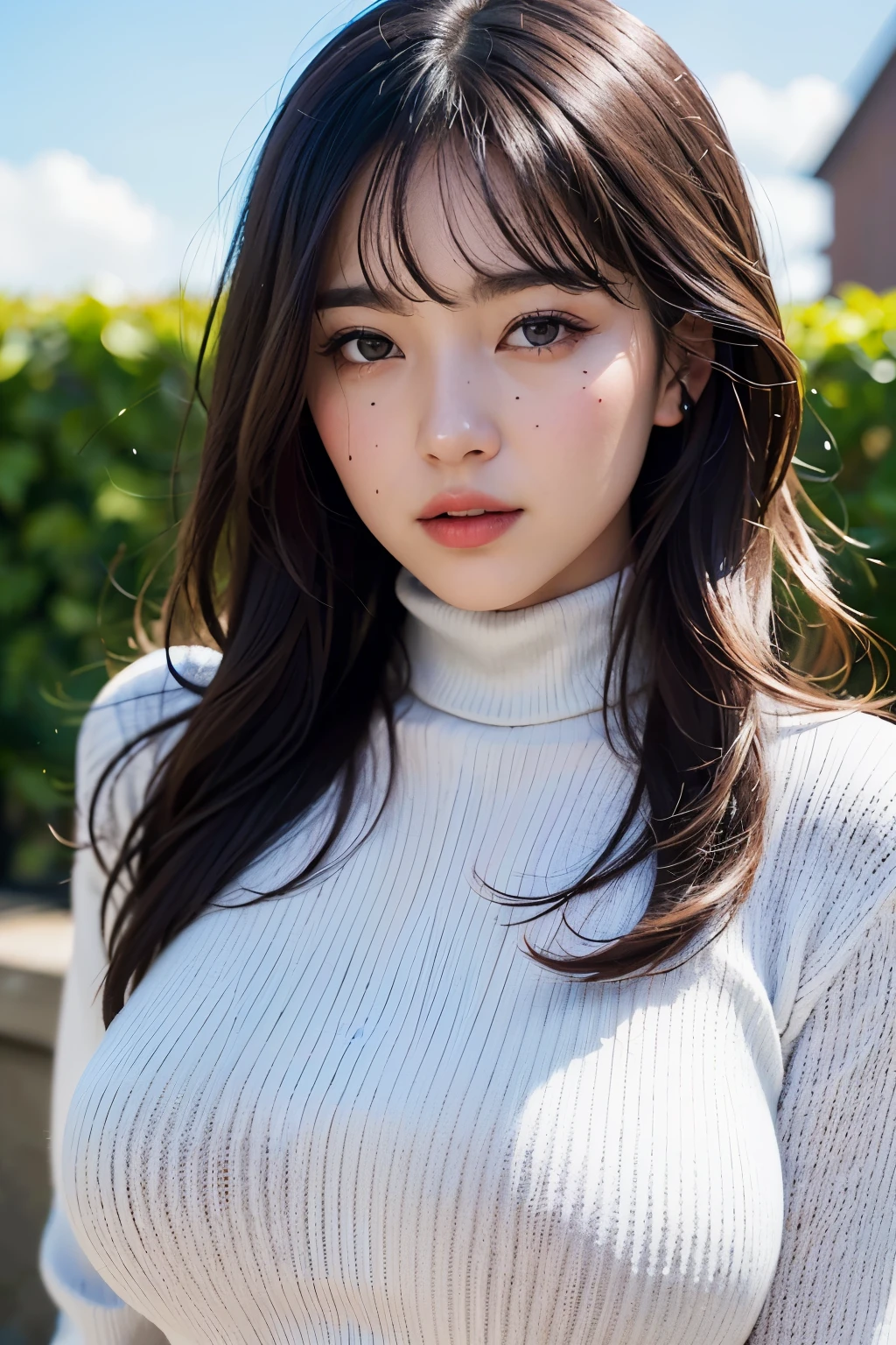 (Highest quality, 8k, 32K, masterpiece, Ultra-high resolution:1.2),
((Face close-up:1.4))、Portraiture、
Cute Japanese Girl, (Huge breasts), Long black hair, bangs, Bulging lips、
(White turtleneck sweater), Tight waist, (Outdoor, garden, blue sky),