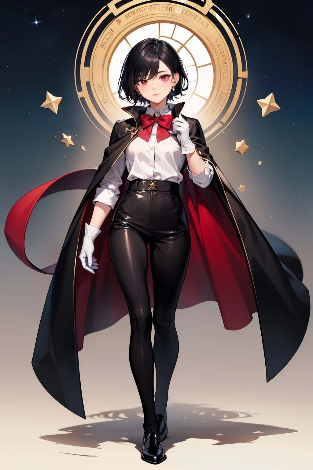 bard, mature woman, flat chested, short black hair, dense fluffy hair, maroon dark red eyes, bowtie, white shirt, black cloak, brown shoes, white gloves, star earrings, @ @, spiral eyes, bard outfit