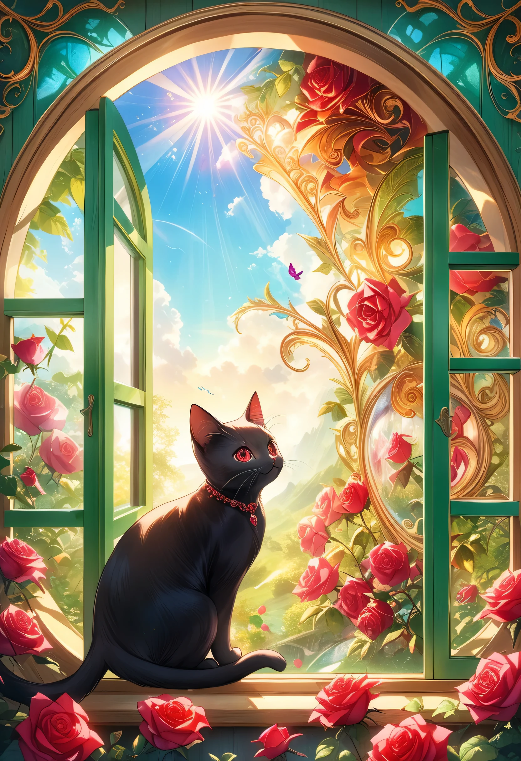 Filled with red roses、There is a green wooden framed window in the middle.、In the window, a black kitten is looking at the viewer、fairy tale、The dazzling summer sunshine、Inspiring composition、Lots of roseasterpiece、Detailed depiction、fractal、