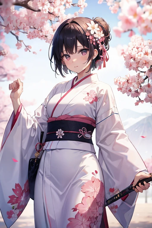 a female with a black short hair that has a pink sakura in her hair. She's wearing a white kimono with pink sakura design on her kimono. She's holding a sword, posing