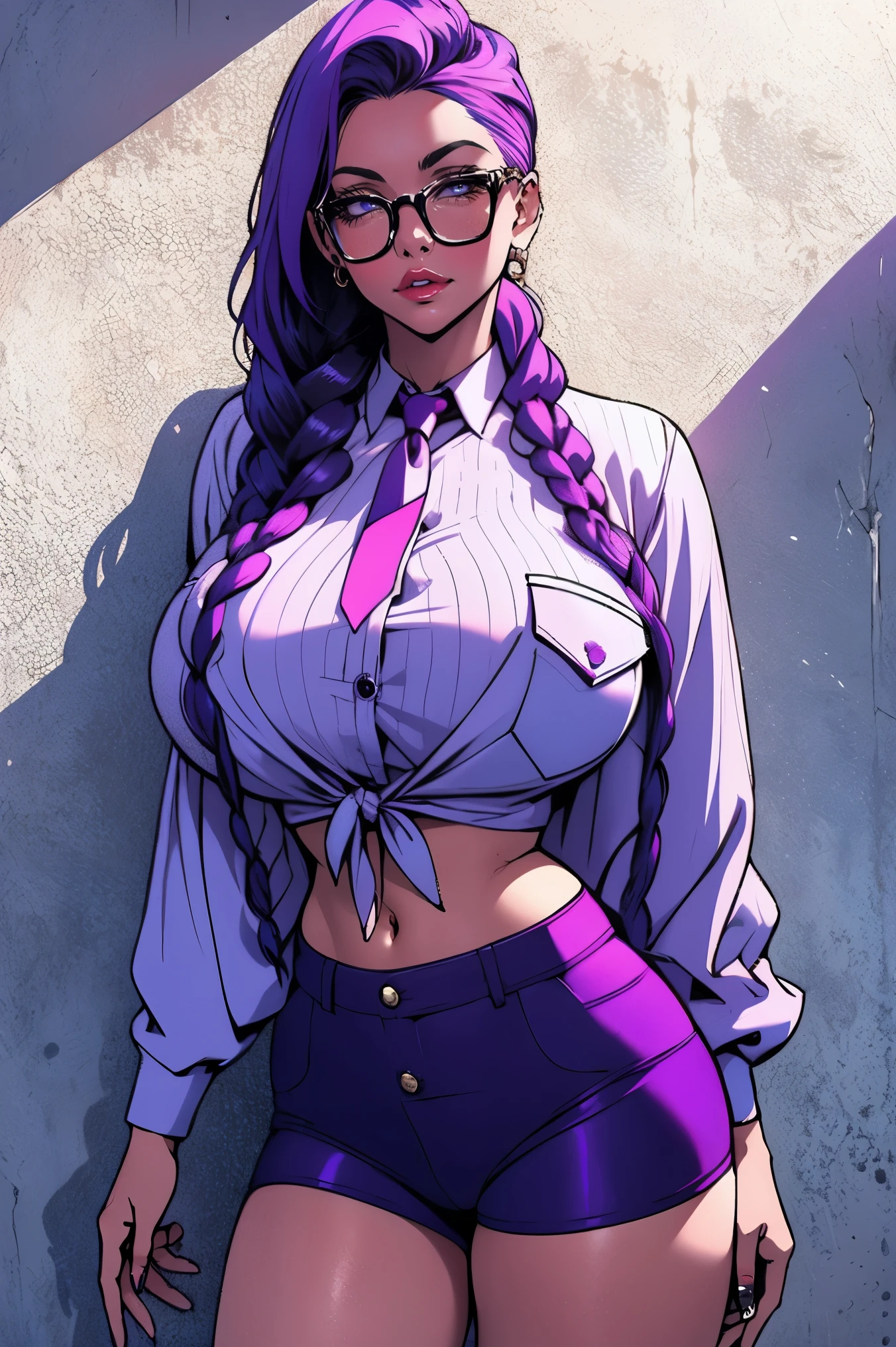 A beautiful sexy girl with a big breast, long round blue hair, braids, her brown eye, big purple glasses, wearing a blouse, a light purple pocket with a button, tied knot, showing a navel and a very shorts, a pocket with a black heel.  cameltoe