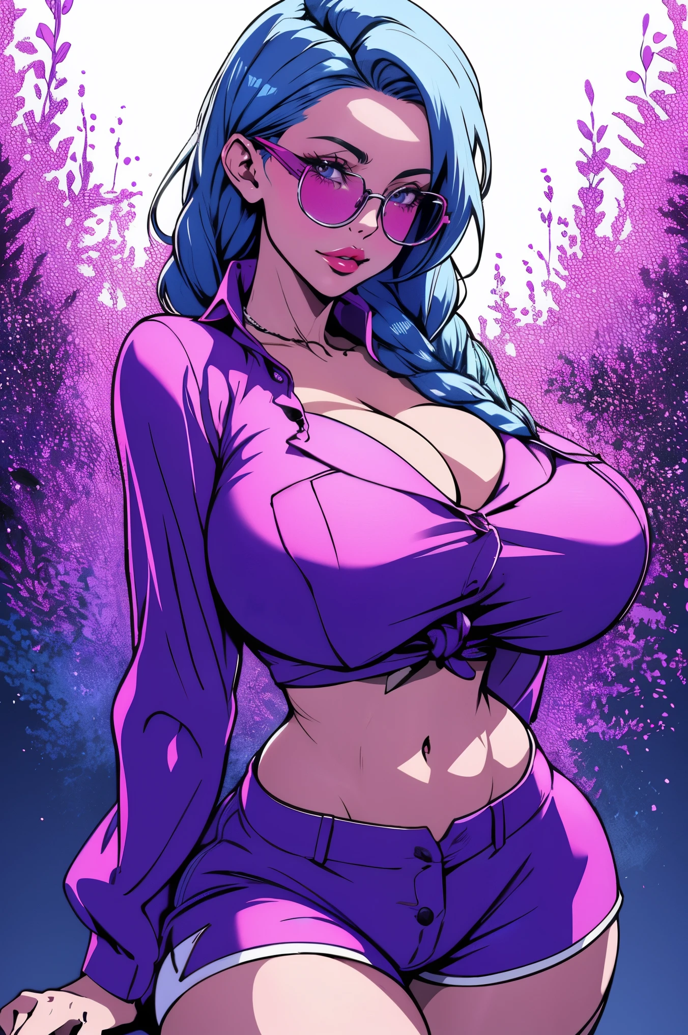 A beautiful sexy girl with a big breast, long round blue hair, braids, her brown eye, big purple glasses, wearing a blouse, a light purple pocket with a button, tied knot, showing a navel and a very shorts, a pocket with a black heel.  cameltoe