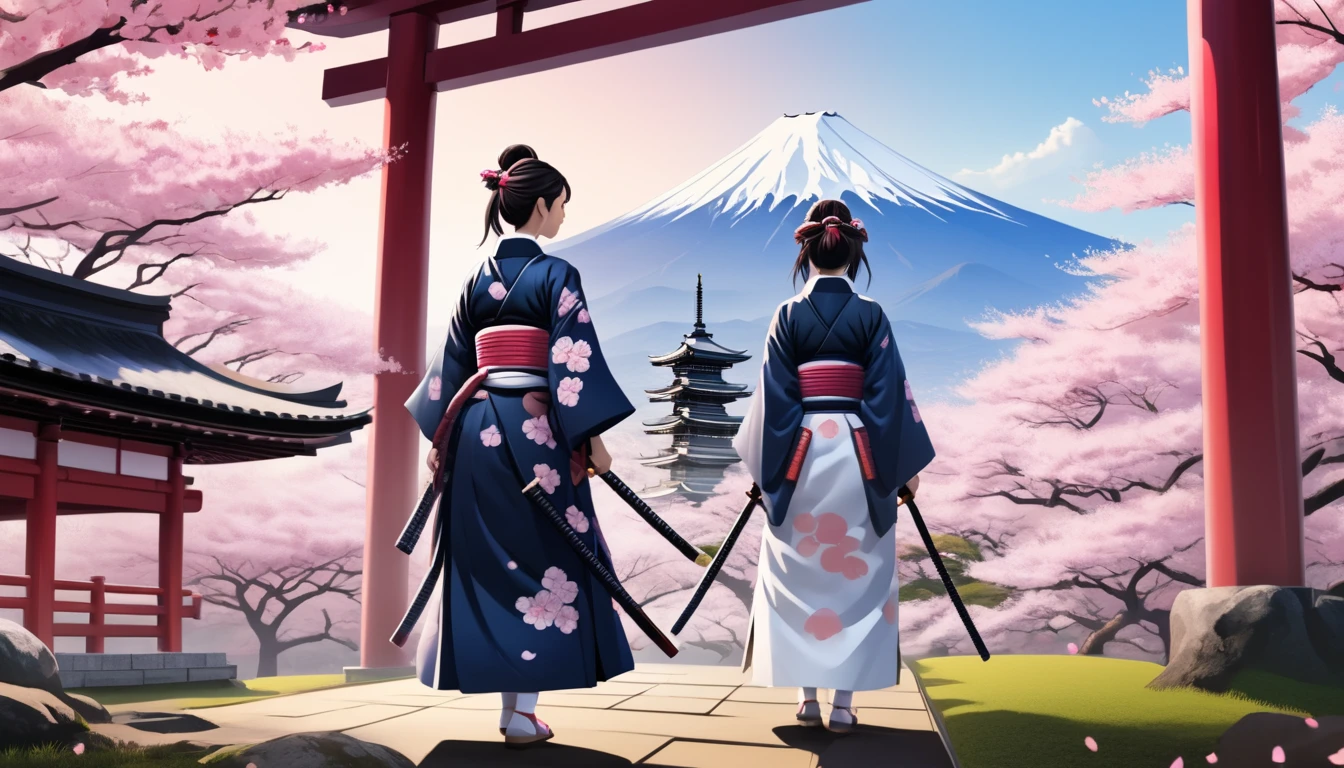 Female samurai,Background is cherry blossoms and Japanese temple and garden、Fuji Mountain、