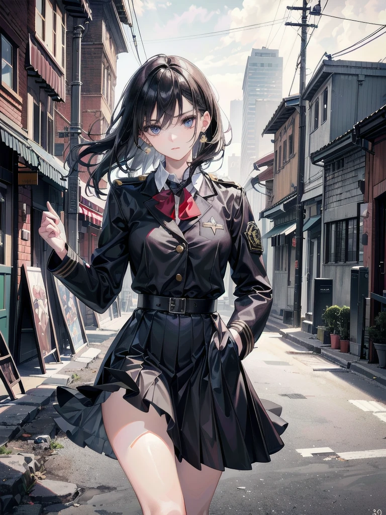 (absurdres, RAW photo, extremely delicate and beautiful, masterpiece, Best Quality, ultra high resolution, 32k, hyperrealistic, ultra-detailed:1.4), perfect anatomy, anatomically correct, perfect figure, Perfect Style, Perfect balance, super Detailed skin, in her 30s, very Slim body, narrow waist, very small head, very small face, delicate facial features, handsome detailed woman, very detailed eyes and face, realistic face proportions, Realistic beautiful face, Realistic beautiful eyes, tearful mole, earring, big tits, whole body shot, medium hair, outdoor, military jacket, (school_uniform:1.2), skirt, dress shirt, destroyed ruin,