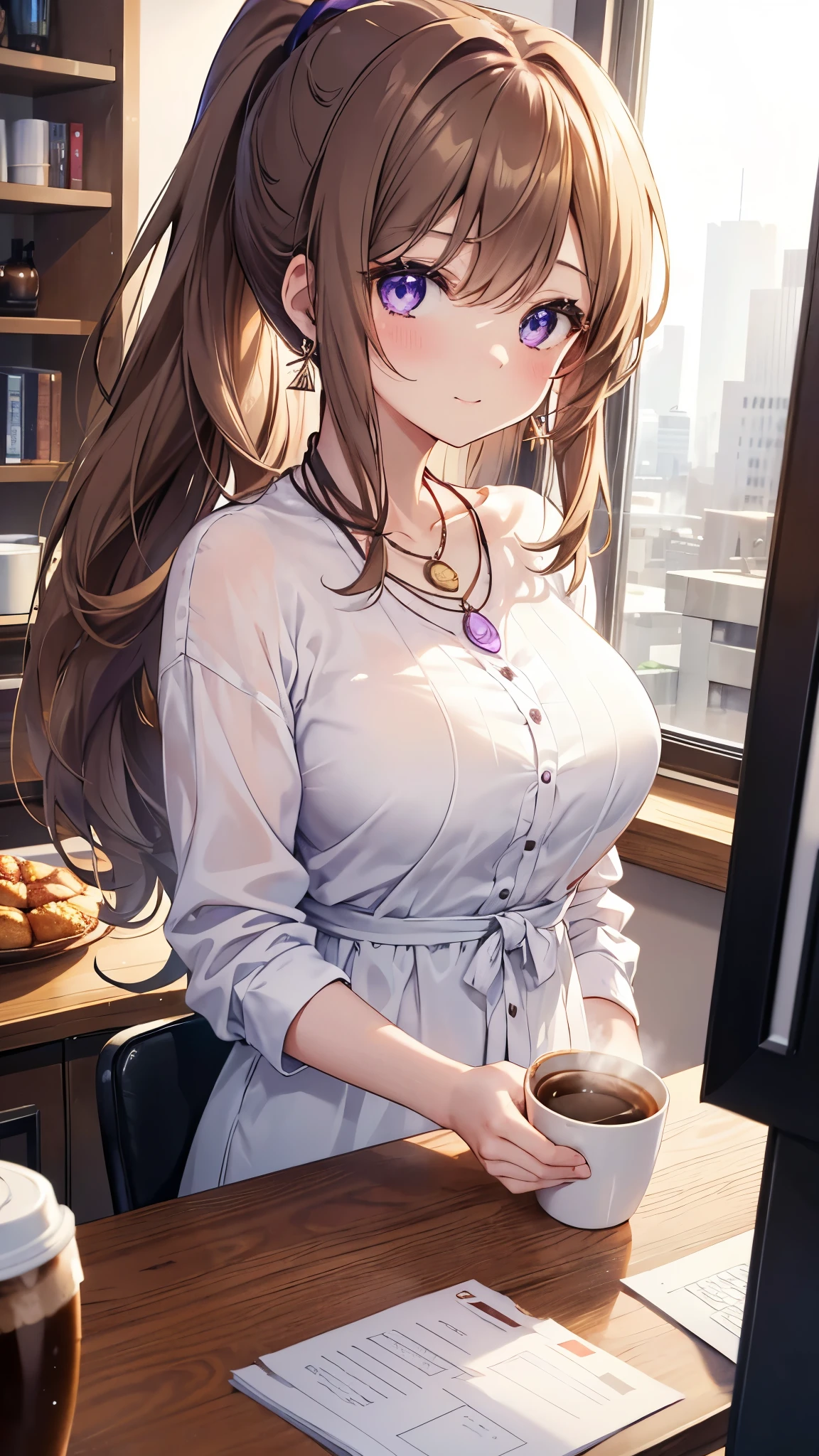 窓の前でcoffeeを飲むアニメの女の子,((masterpiece)), ((Highest quality)), (Very detailed), ((cute)), cute, (Lovely), ((sexy)), (device), ((Very detailed)), 4K, (8k), Highest quality, (beautiful), Anime Style, Upper Body, Focus on the face, Whole body concentration, office, computer, morning, a cute girl, 1 girl, alone, suit, beautiful light brown hair, beautiful purple eyes, ((beautiful eyes)), White skin, ponytail, Transparent Hair, Translucent hair, Big Breasts, Earrings, necklace, cup, coffee, A light smile, Lens flare, Reflection effect