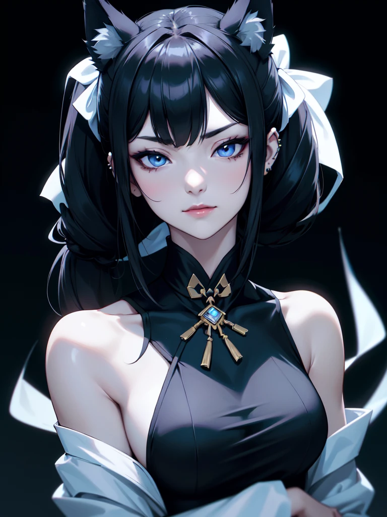 (((Portrait Photo))), She has the Appearance of a Regal Teenager, with a Strong, Muscular Build, and Cold Pale Skin that Exudes Elegance. She has Black Hair Tied into Twin Low Ponytails, Keeping it Neat and Out of Her Face. The Top of Her Head is Shaped Like an Odango to Resemble Black Wolf Ears. Her Icy Blue Eyes Reflect the Piercing Gaze of a Husky—Intense, Intelligent, and Unyielding. She is Dressed in a Black Cheongsam with Bare Shoulders and Loose Sleeves. Her Expression is Calm and Composed, with a Subtle, Knowing Smirk, Perfectly Embodying the Essence of Pride and Excellence. (((High Quality, Dark Background))), (((Portrait Photo)))