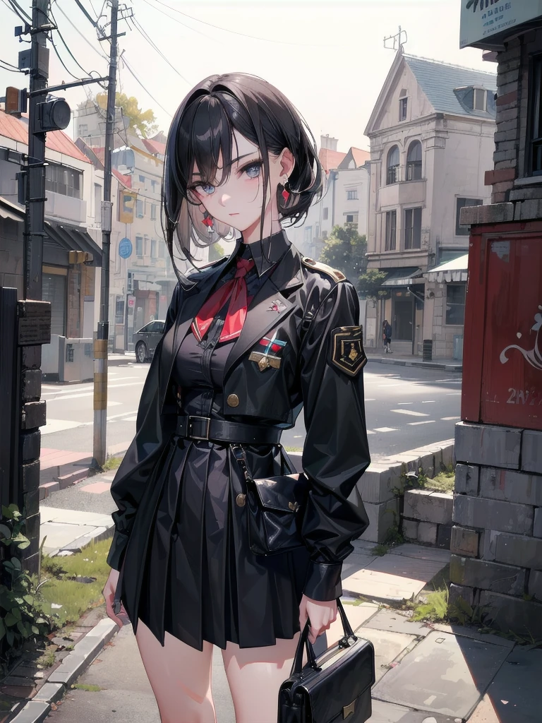 (absurdres, RAW photo, extremely delicate and beautiful, masterpiece, Best Quality, ultra high resolution, 32k, hyperrealistic, ultra-detailed:1.4), perfect anatomy, anatomically correct, perfect figure, Perfect Style, Perfect balance, super Detailed skin, in her 30s, very Slim body, narrow waist, very small head, very small face, delicate facial features, handsome detailed woman, very detailed eyes and face, realistic face proportions, Realistic beautiful face, Realistic beautiful eyes, tearful mole, earring, big tits, whole body shot, medium hair, outdoor, military jacket, (school_uniform:1.2), skirt, dress shirt, destroyed ruin,