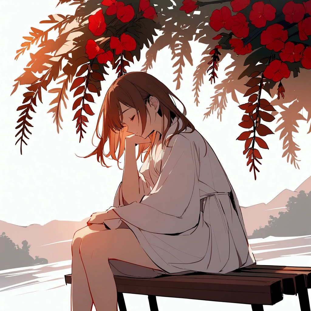 Summer, girl sitting on bench, red flowers, white clothes, brown hair, short, light gray background