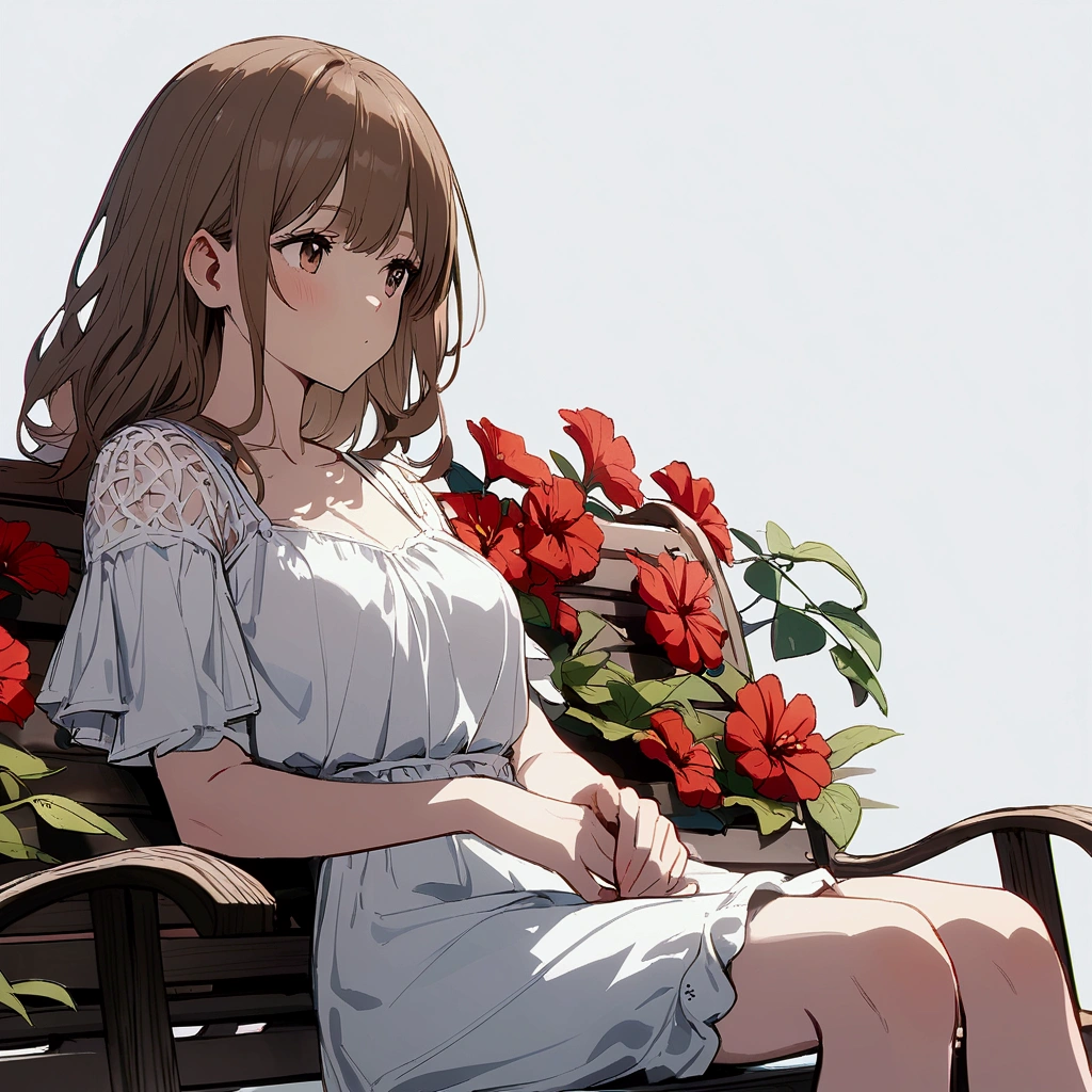 Summer, girl sitting on bench, red flowers, white clothes, brown hair, short, light gray background