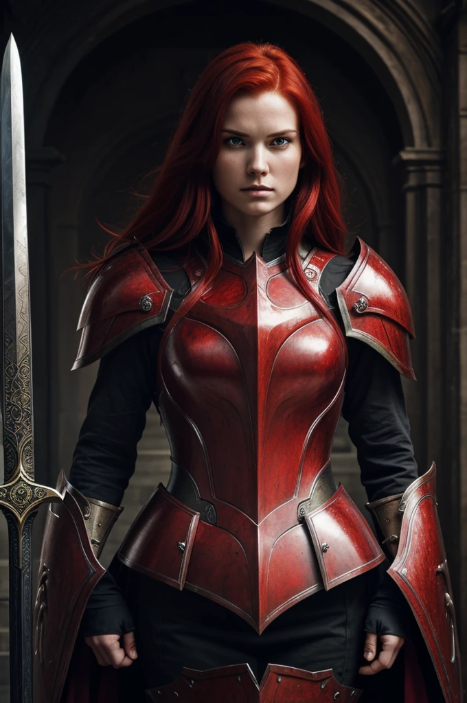 Masterpiece,best quality,Whole body,crimson hair, beautiful face,detail face, realistic eyes, elegant,demonic armor,sword,shield,arrogant expression