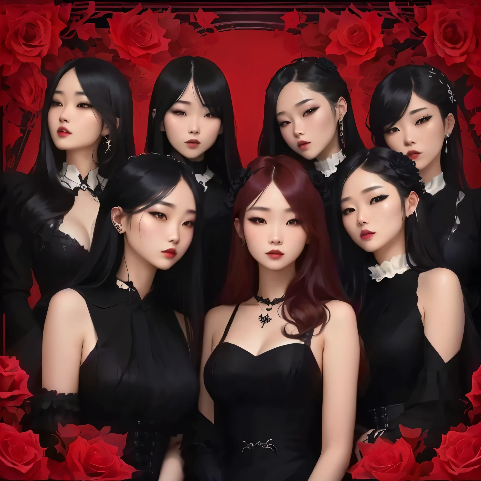 a close up of a group of korean women in black dresses with different shades of hair color and hair lengths, black roses, gothic aesthetic, black rose, she is the queen of black roses, red roses, blood red, gothic horror vibes, black roses in hair, black rose frame. seven sins, art cover, goth aesthetic, black hair, blonde hair, red hair, k-pop
