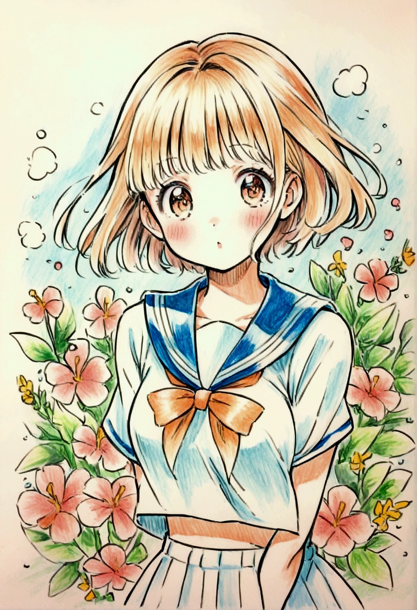 Sailor suit girl, colored pencil style, summer, nostalgic