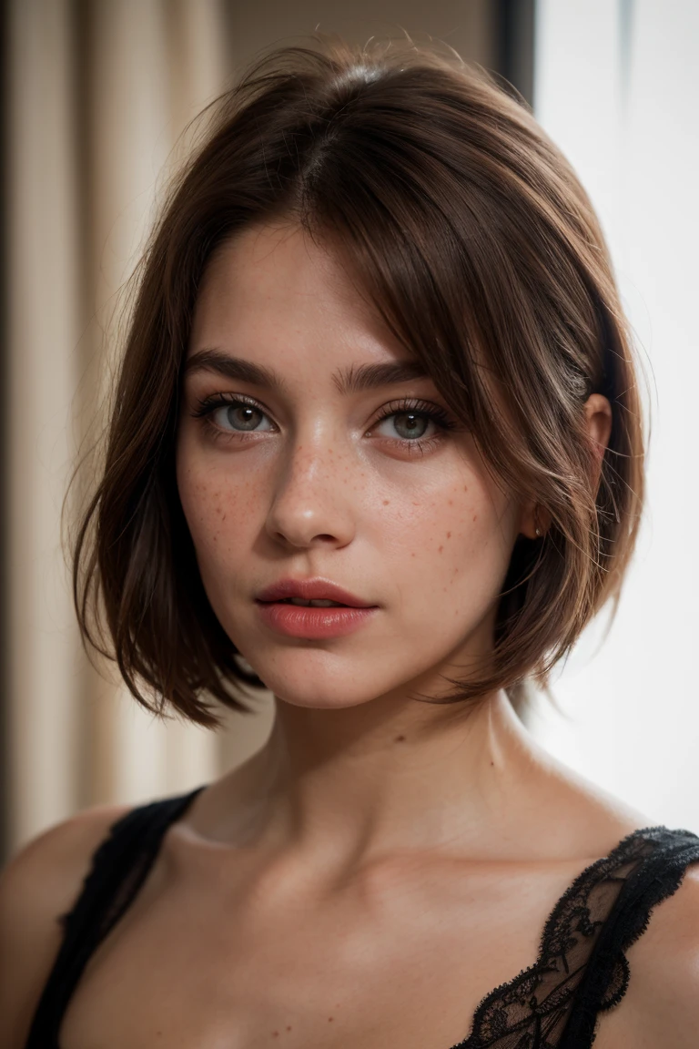 ((Photographie de portrait)),(best quality, high quality, sharpness:1.4), belle femme européenne, (russet hair:1.1), freckled, face fashion, make up, (slightly matte lipstick:1.1), regarde le spectateur, chemise, best quality, real