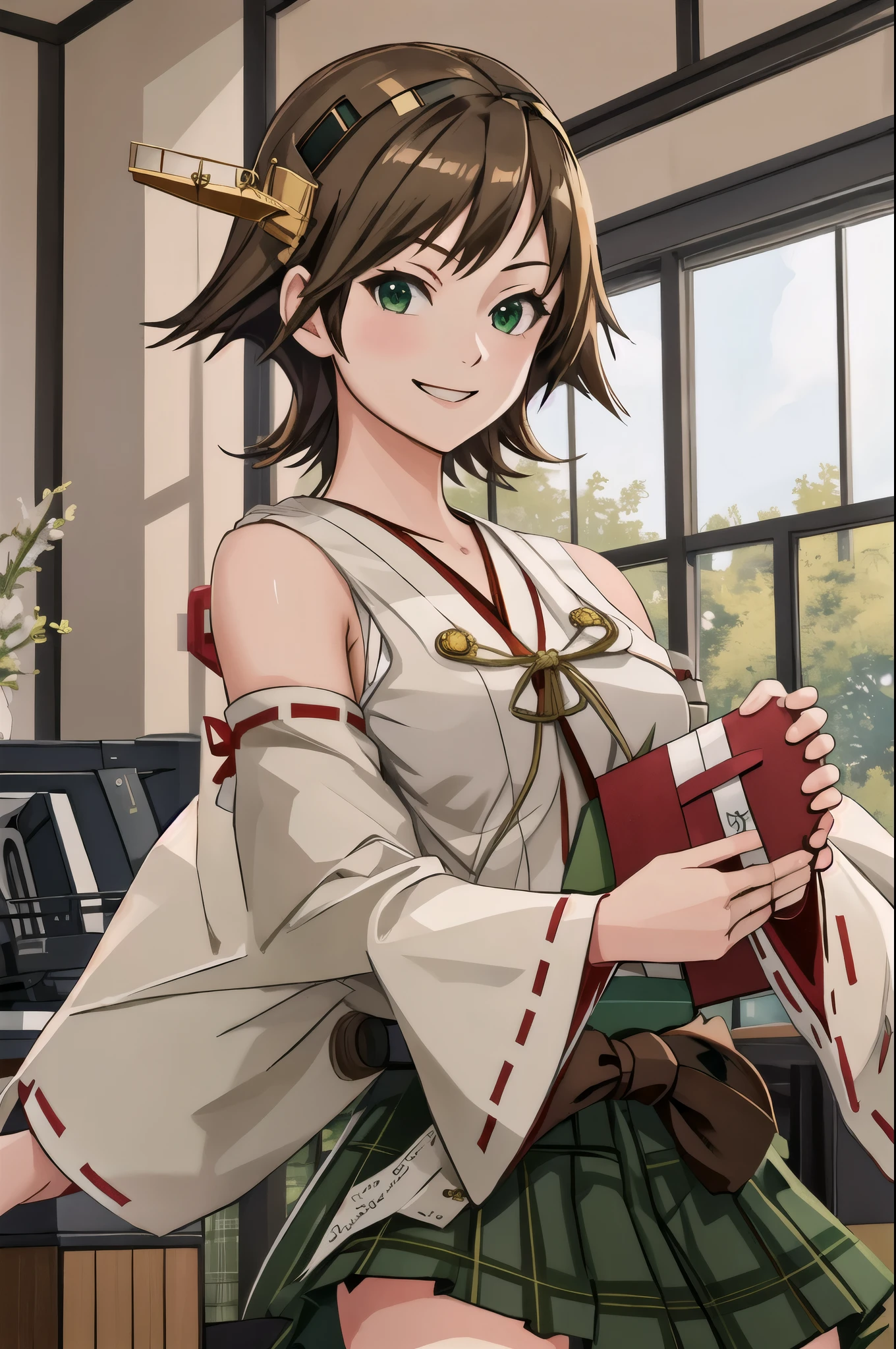 Highest quality, masterpiece, High resolution, alone, (Change 2_Kantai Collection:1.15), (Brown Hair), 髪band, headgear, Non-traditional_Shrine maiden, smile, green_eye, smile, One Girl, green_skirt, Plaid, Plaid_skirt, ribbon-trimmed_sleeve, ribbon_trim, skirt, (indoor, office, living room), 