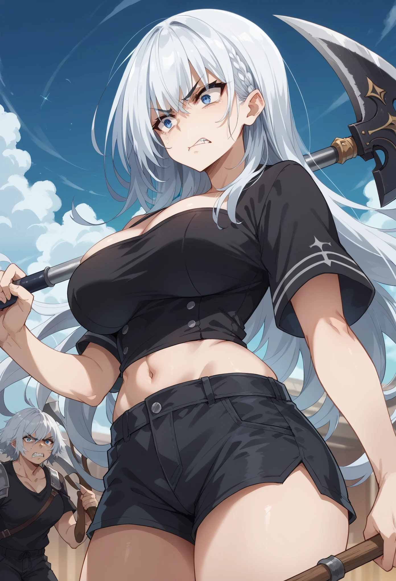 white hair,blue eyes,black top,black shorts,,cleanched teeths,holding axe,annoyed,big breast
