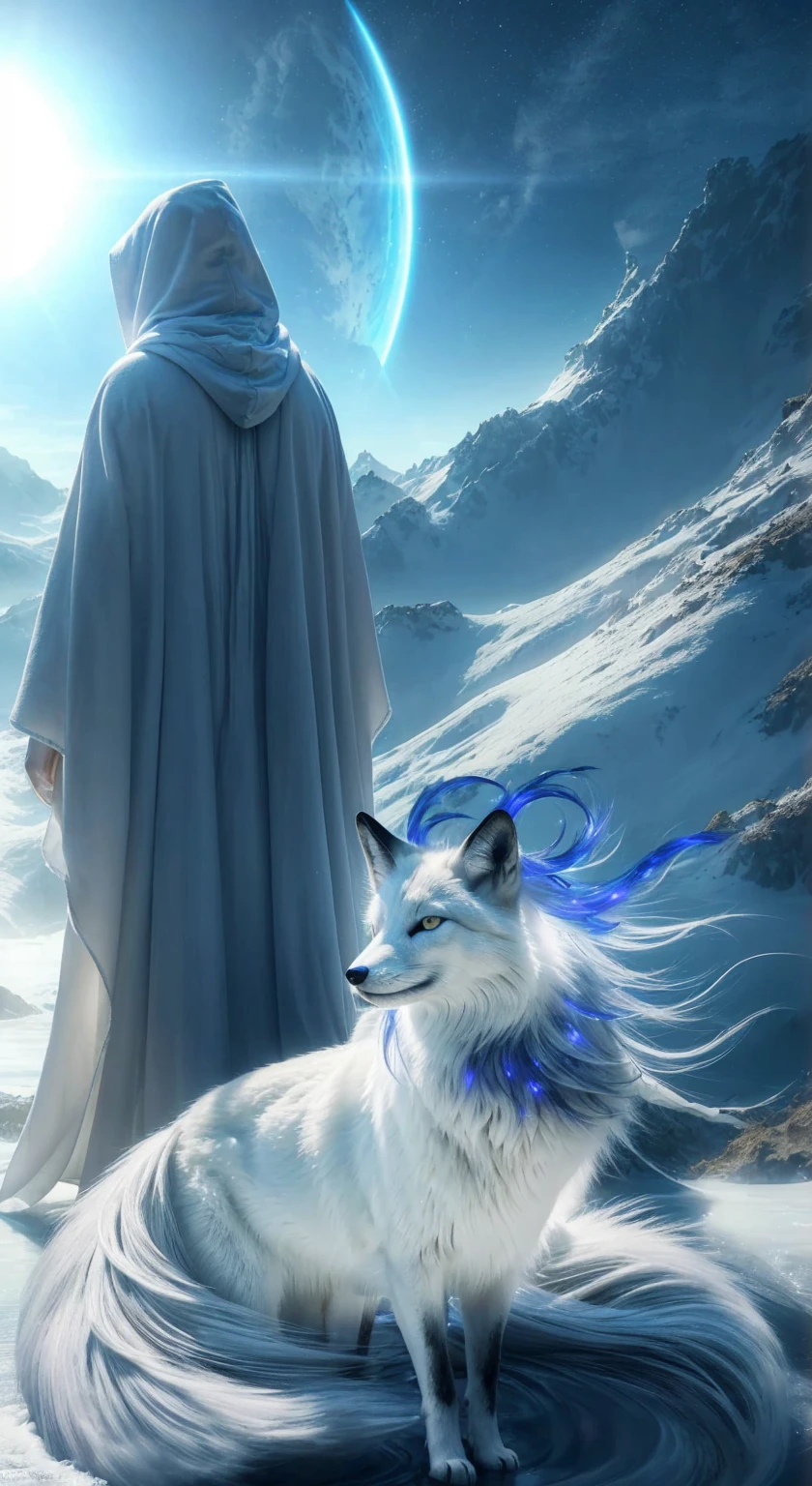 Complete and very real image. On an unknown planet there is a being of light, dressed in a white hooded robe, his face cannot be seen, he is accompanied by an animal similar to a snow-white fox with long indigo blue locks on his head and extends towards its back, amber eyes. They are standing on a snowy mountain, he has the power to dominate the water. Photorealism, full view, very detailed image, very realistic, hyperrealism, cinematography, Ultra HD, 8k, Unreal Engine 5, sharp focus, intricate and mysterious masterpiece. (Long exposure photography Highly detailed, high-detailed close-up portrait art illustration - Final quality medium shot, backlit, rich and eye-catching. Enigmatic and mysterious manipulations (rule of thirds composition), ((detailed environment with lines strong), Better quality, on camera, white light, warm and clean aesthetics, dazzling screen composed of millions of bright ultraviolet lights, HDR.