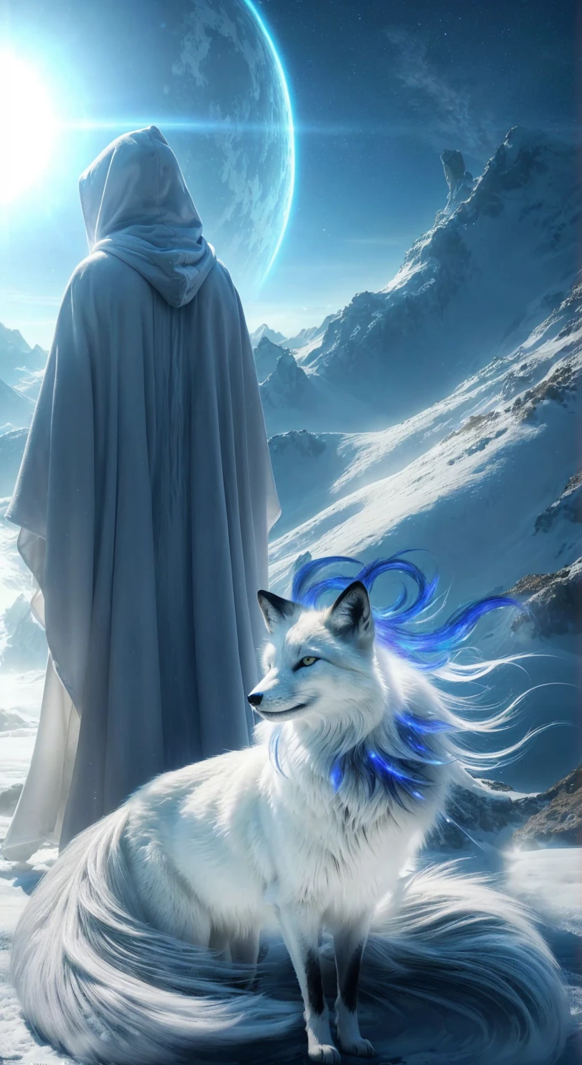 Complete and very real image. On an unknown planet there is a being of light, dressed in a white hooded robe, his face cannot be seen, he is accompanied by an animal similar to a snow-white fox with long indigo blue locks on his head and extends towards its back, amber eyes. They are standing on a snowy mountain, he has the power to dominate the water. Photorealism, full view, very detailed image, very realistic, hyperrealism, cinematography, Ultra HD, 8k, Unreal Engine 5, sharp focus, intricate and mysterious masterpiece. (Long exposure photography Highly detailed, high-detailed close-up portrait art illustration - Final quality medium shot, backlit, rich and eye-catching. Enigmatic and mysterious manipulations (rule of thirds composition), ((detailed environment with lines strong), Better quality, on camera, white light, warm and clean aesthetics, dazzling screen composed of millions of bright ultraviolet lights, HDR.
