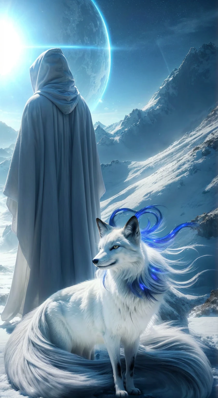 Complete and very real image. On an unknown planet there is a being of light, dressed in a white hooded robe, his face cannot be seen, he is accompanied by an animal similar to a snow-white fox with long indigo blue locks on his head and extends towards its back, amber eyes. They are standing on a snowy mountain, he has the power to dominate the water. Photorealism, full view, very detailed image, very realistic, hyperrealism, cinematography, Ultra HD, 8k, Unreal Engine 5, sharp focus, intricate and mysterious masterpiece. (Long exposure photography Highly detailed, high-detailed close-up portrait art illustration - Final quality medium shot, backlit, rich and eye-catching. Enigmatic and mysterious manipulations (rule of thirds composition), ((detailed environment with lines strong), Better quality, on camera, white light, warm and clean aesthetics, dazzling screen composed of millions of bright ultraviolet lights, HDR.