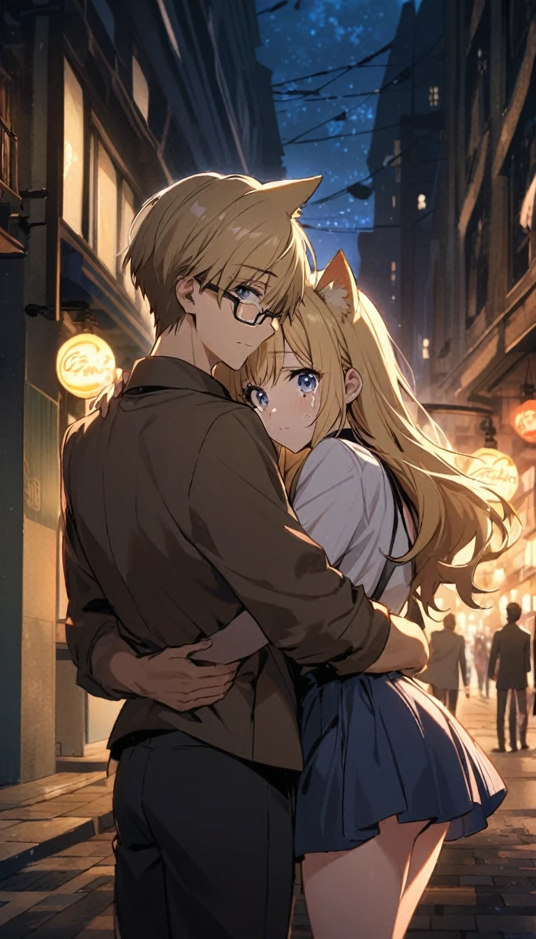 two people, one boy one girl, both are blond hair, the girl has cat ears, the boy wear glasses, the girl ss crying, the girl hugs the boy, boy back to the viewer, night, standing