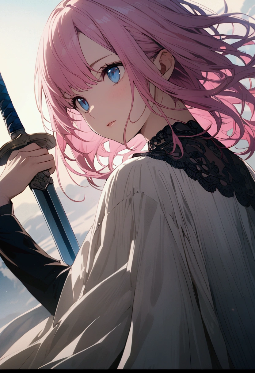 Swordsman、He holds up his sword and stares、Girl with pink hair、blue eyes