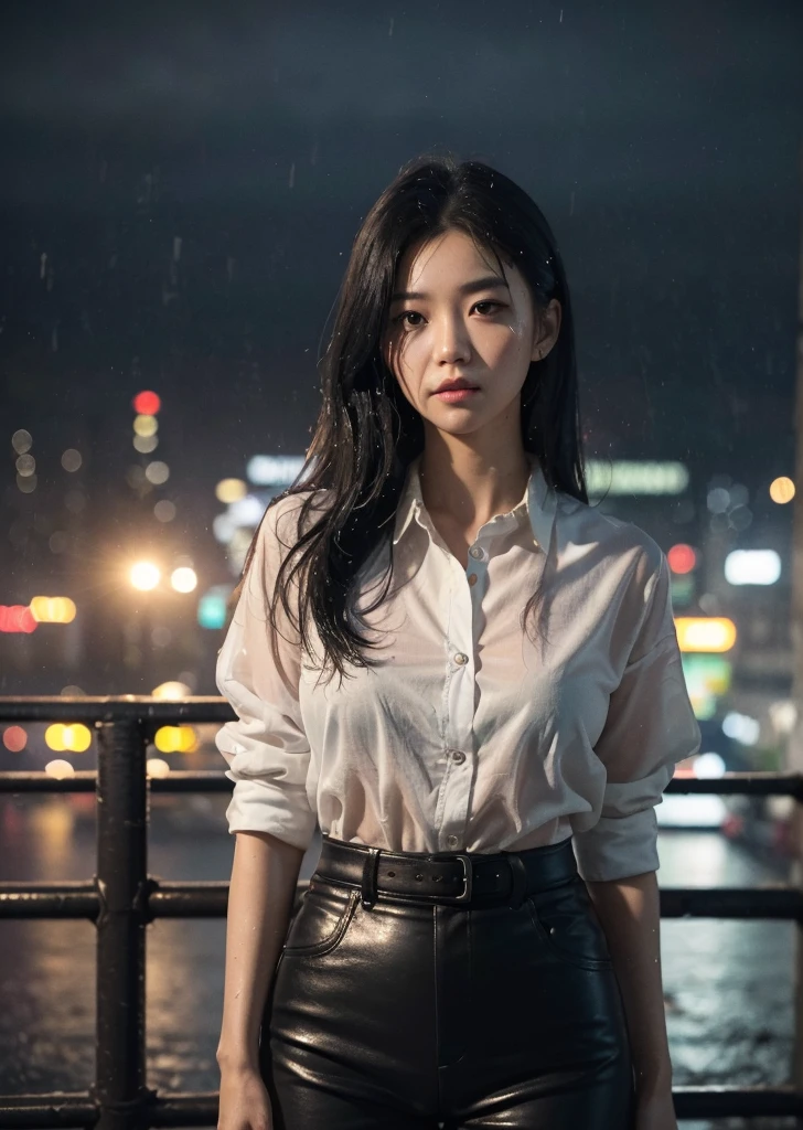 (Realisticな, photo-Realisticな:1.37),(8k, RAW Photos, Highest quality, masterpiece:1.2), Ultra-detailed, 超High resolution, Kodak Vision Color, Filmed with an Arricam LT camera,Highest quality, Lively, 8k, High resolution, 1 female, 日Book人、Escape, (Professional Lighting), (Portraiture:0.6), Black Hair, (Medium Hair),22 years old、(masterpiece), (Very complicated:1.3), (Realistic), ((Upper Body, compensate:1.3, Upper Bodyは裸、In a downpour、heavy rain、There are water droplets on the body、storm、The wind is blowing、Hair fluttering in the wind、Serious look、Leather hot pants, The rooftop of a dilapidated building、Arms2Book、in the middle of a fight、Abandoned Building、日Book刀を持って戦って、Outdoor, ((Cyberpunk Street)), Professional photos, Sharp focus, dramatic, Cinema Lighting, Volumetrics dtx, (Film Grain, Blurred Background, Blurred foreground, Bokeh, Depth of written boundary), 8k
