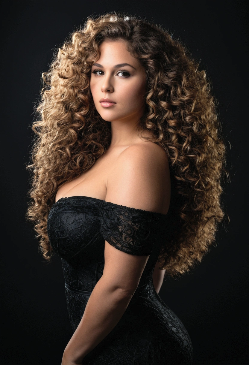 A profile photo of a VOLUPTUOUS woman with long, fluffy curly hair, with a spectacular body she must also be a pretty brunette with a black dress with a slightly dark background that is sexy
