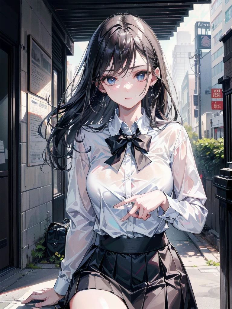 (absurdres, RAW photo, extremely delicate and beautiful, masterpiece, Best Quality, ultra high resolution, 32k, hyperrealistic, ultra-detailed:1.4), perfect anatomy, anatomically correct, perfect figure, Perfect Style, Perfect balance, super Detailed skin, in her 30s, very Slim body, narrow waist, very small head, very small face, delicate facial features, handsome detailed woman, very detailed eyes and face, realistic face proportions, Realistic beautiful face, Realistic beautiful eyes, tearful mole, earring, big tits, whole body shot, medium hair, outdoor, (school_uniform:1.2), skirt, dress shirt,