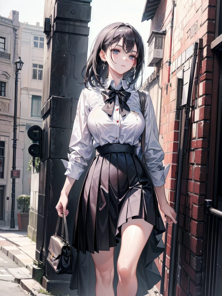 (absurdres, RAW photo, extremely delicate and beautiful, masterpiece, Best Quality, ultra high resolution, 32k, hyperrealistic, ultra-detailed:1.4), perfect anatomy, anatomically correct, perfect figure, Perfect Style, Perfect balance, super Detailed skin, in her 30s, very Slim body, narrow waist, very small head, very small face, delicate facial features, handsome detailed woman, very detailed eyes and face, realistic face proportions, Realistic beautiful face, Realistic beautiful eyes, tearful mole, earring, big tits, whole body shot, medium hair, outdoor, (school_uniform:1.2), skirt, dress shirt,