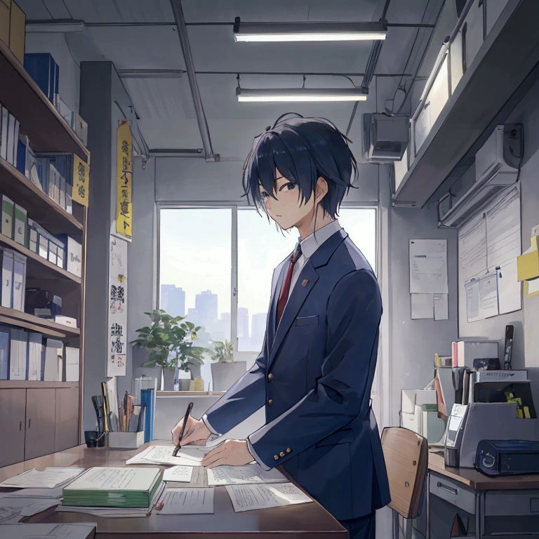 Early morning at the office、Depicts a scene of Keiichi Tanaka looking over market research materials alone。Tanaka stares at the market trend reports for various countries around the world spread out on his desk.、Taking notes on eco-technology、Looking for new ideas。In the dim light、The desk lamp illuminates Tanaka's serious expression.、There are papers and notes scattered all around.。From the office window behind him、With the silence before dawn、The light that makes you feel the beginning of a new day shines in.。