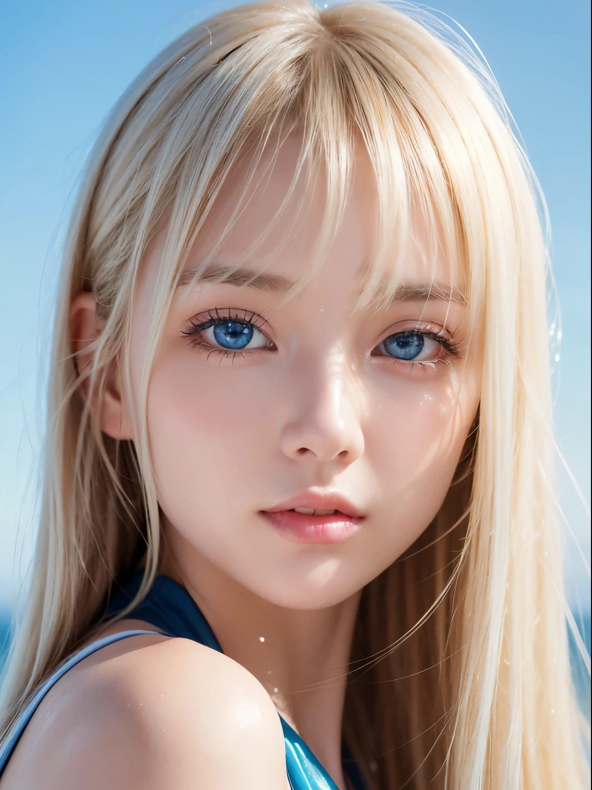 Transparent white glossy skin、Face gloss、Blonde with strong wind in front of pretty face、20 years old ridiculously cute sexy beautiful norwegian girl、Small Face Beauty、Shiny pale light blue eyes and details (Looking into the camera), SLR lighting, Single-lens reflex camera, super high quality, Sharpness, Depth of written boundary, Film Grain (center), Fujifilm XT3, Crystal Clear, Frame center, 完璧にBeautiful Face、Beautiful Face、Beautiful hair with sparkling bright straight blonde hair、Silk bangs between the eyes、Bangs hide the eyes, Sparkling pale blue eyes, Sexy super long blonde cute young woman with super long blonde shiny light hair